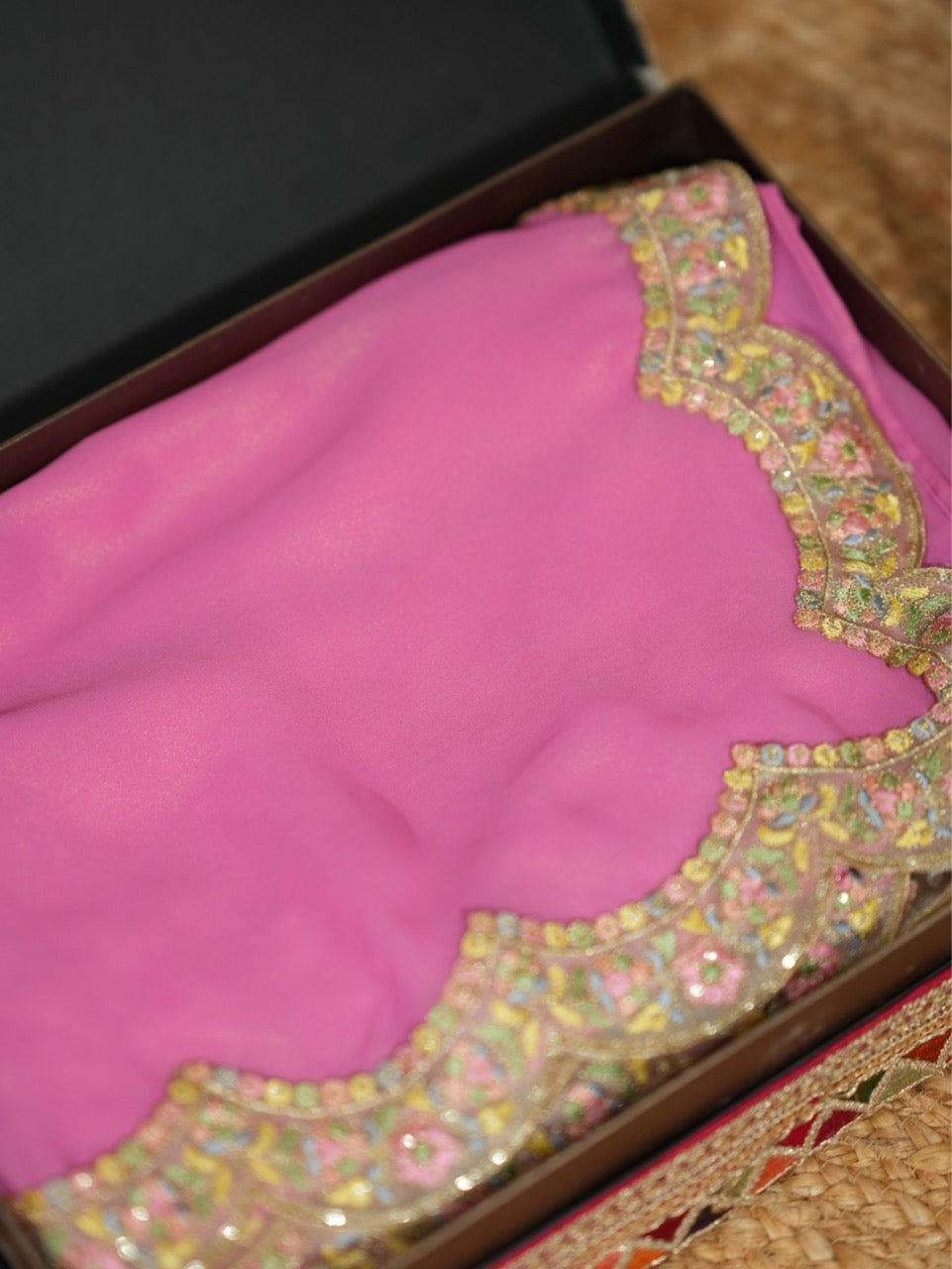 Bloom: Pink Pure Silk Crepe Saree with Off White Floral Raw Silk Blouse