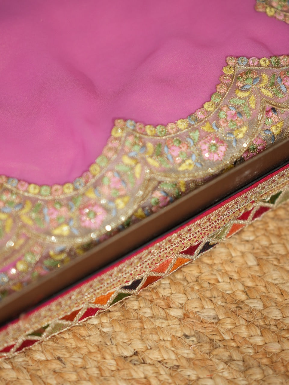 Bloom: Pink Pure Silk Crepe Saree with Off White Floral Raw Silk Blouse