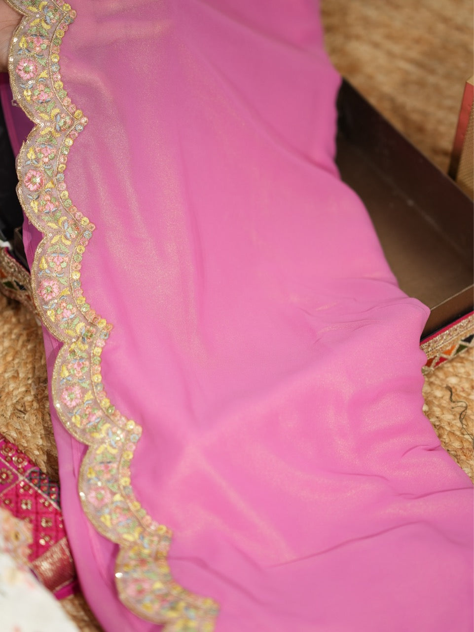 Bloom: Pink Pure Silk Crepe Saree with Off White Floral Raw Silk Blouse