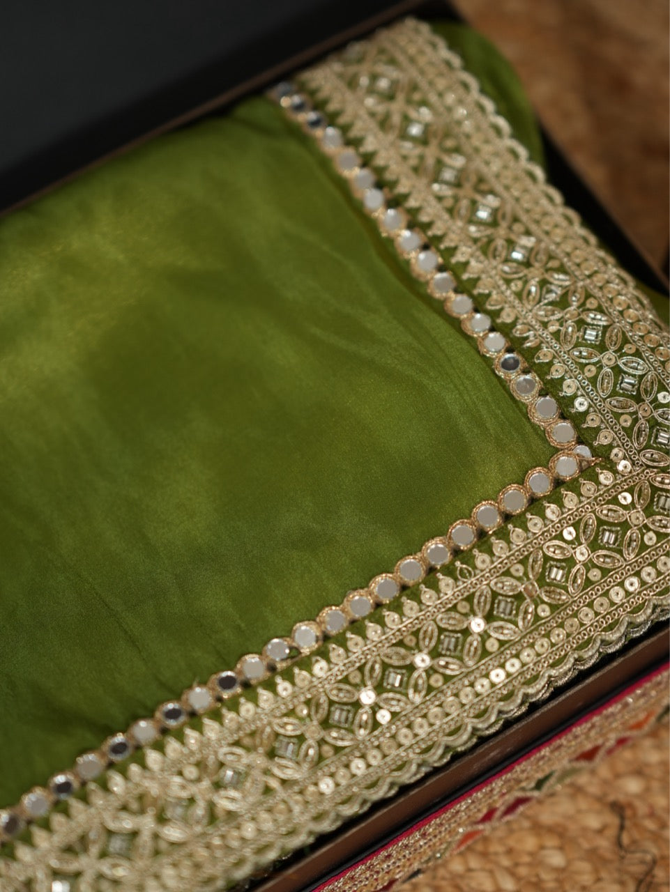 Ananya: Green Pure Tissue Saree with Handwork Blouse and Handwork Latkans