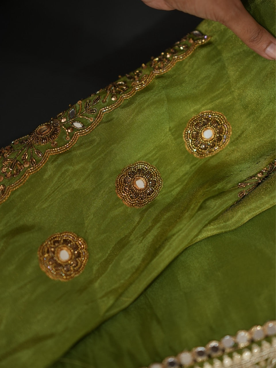 Ananya: Green Pure Tissue Saree with Handwork Blouse and Handwork Latkans
