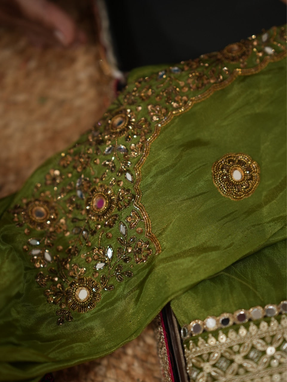 Ananya: Green Pure Tissue Saree with Handwork Blouse and Handwork Latkans