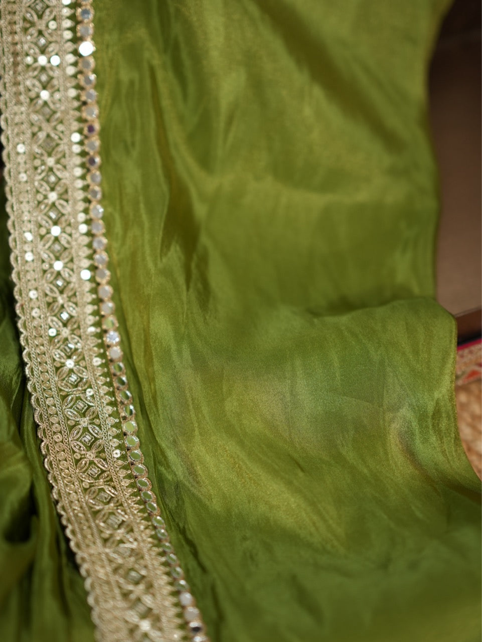 Ananya: Green Pure Tissue Saree with Handwork Blouse and Handwork Latkans