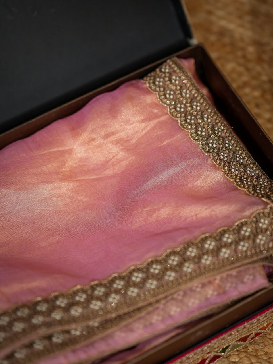 Janhvi: Pink Pure Silk Tissue Saree with Pure Raw Silk Handwork Blouse