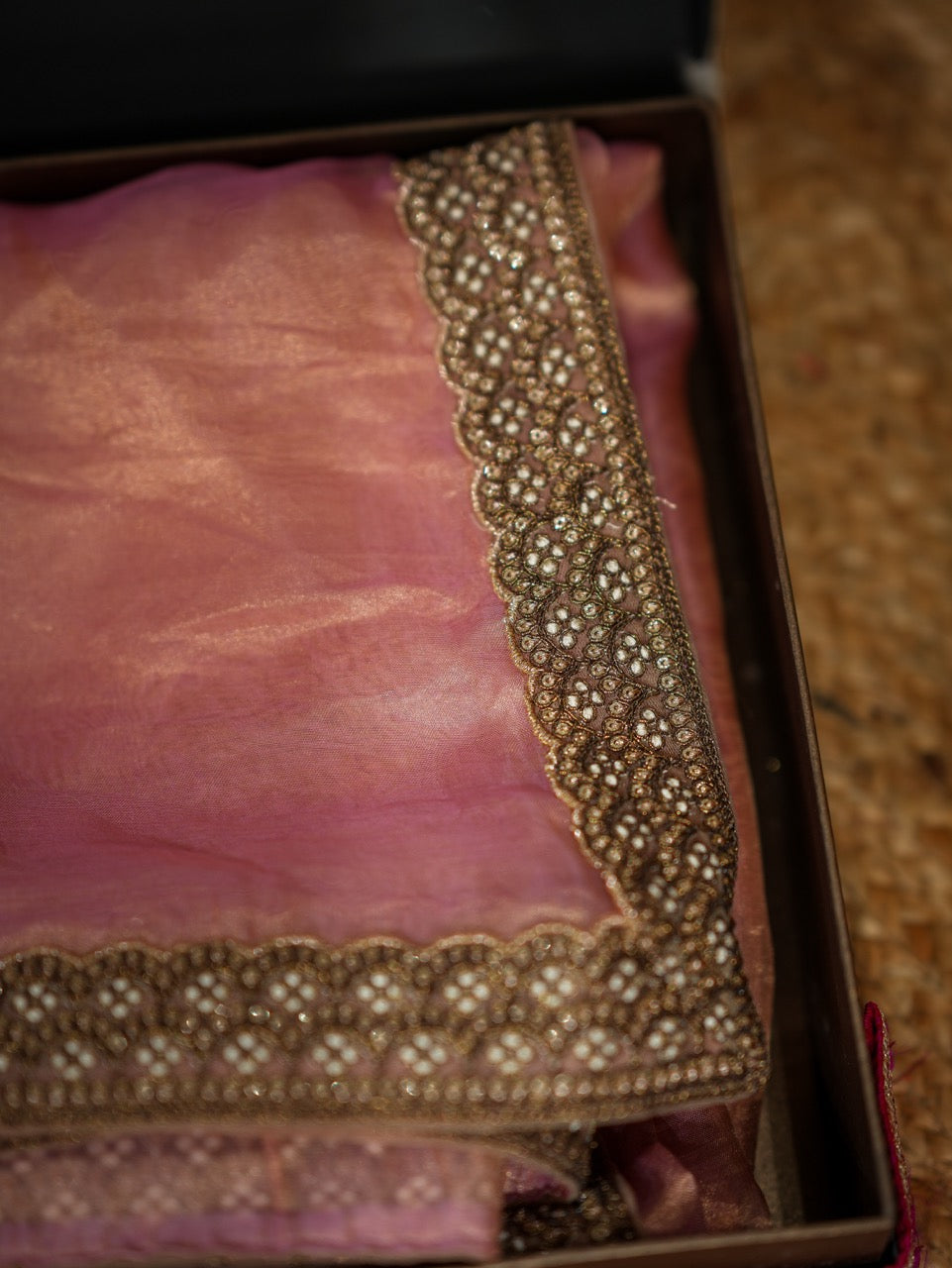 Janhvi: Pink Pure Silk Tissue Saree with Pure Raw Silk Handwork Blouse