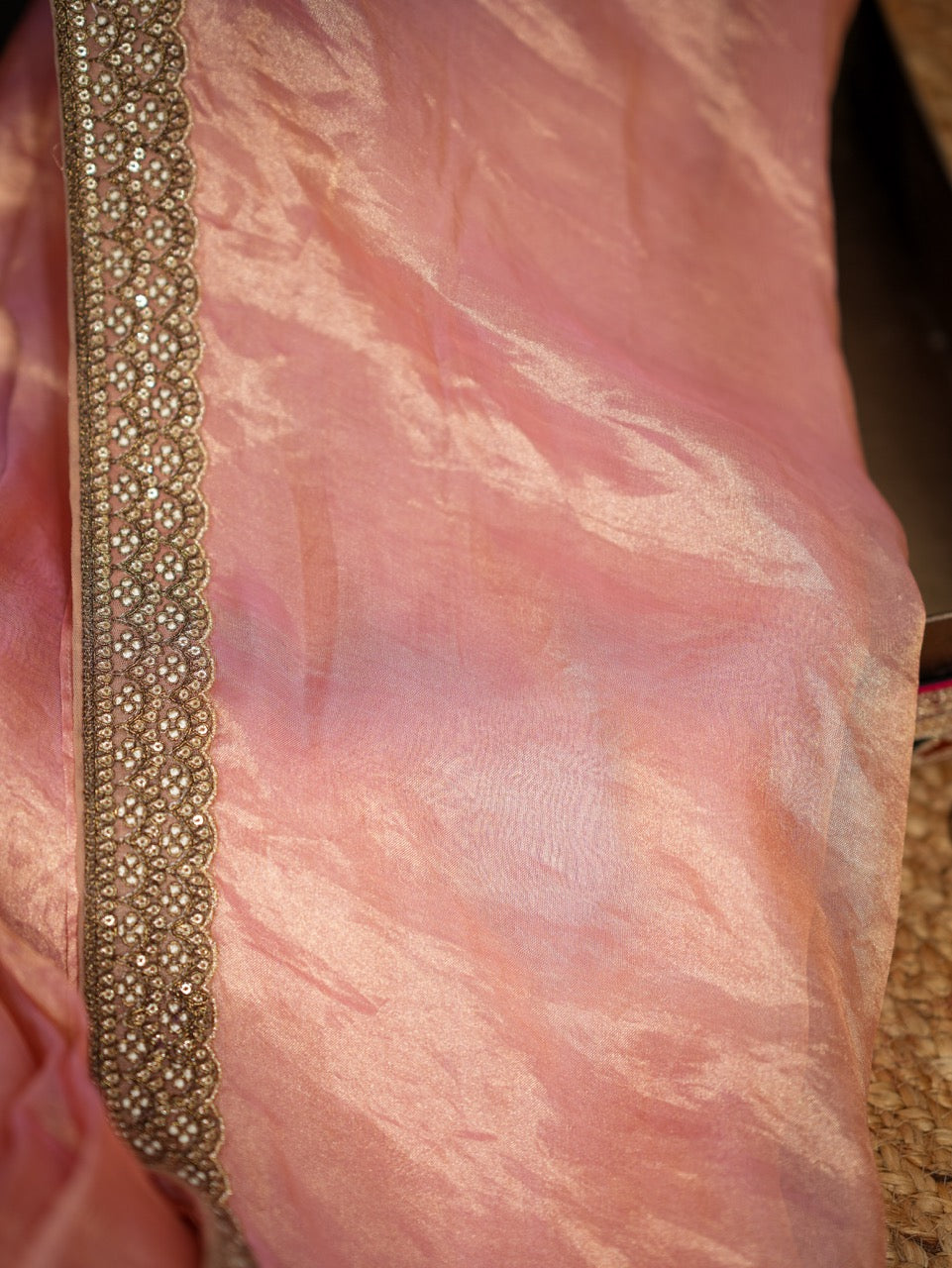 Janhvi: Pink Pure Silk Tissue Saree with Pure Raw Silk Handwork Blouse