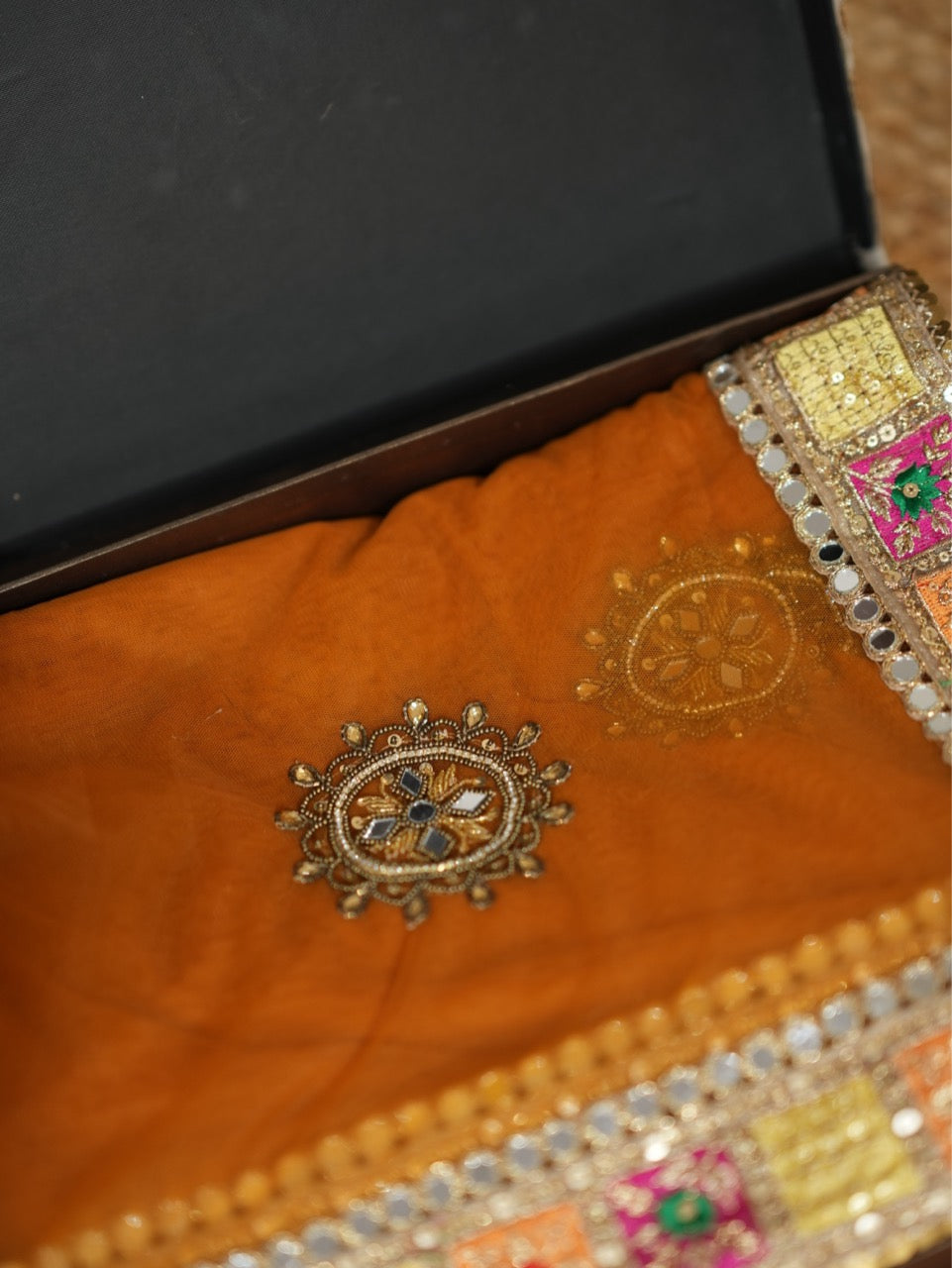 Katrina: Orange Soft Net Saree with Hand work and Multi Colour Pure Georgette Blouse