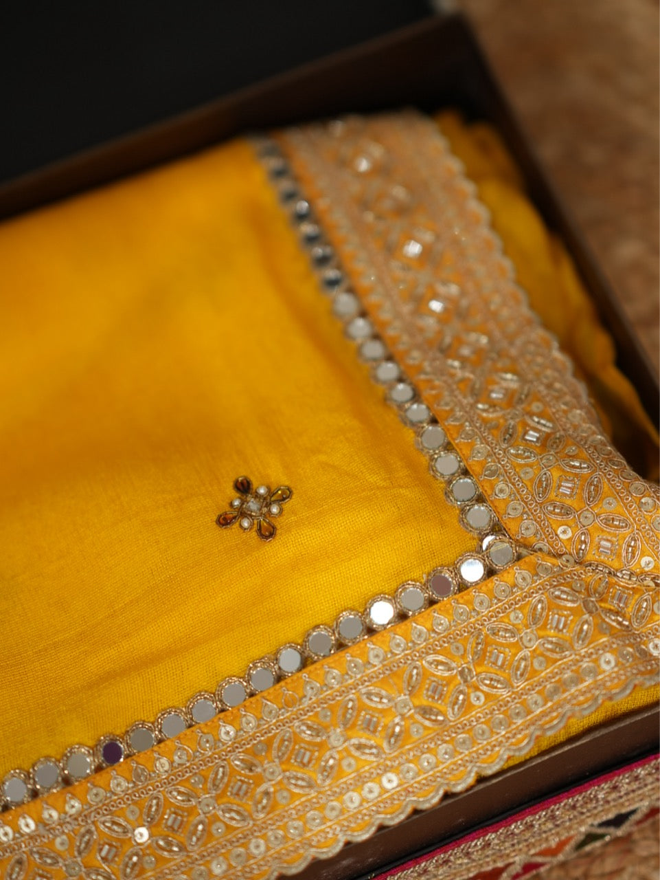 Haldi Kumkum: Yellow Jute Uppada saree with handwork and red jute uppada blouse