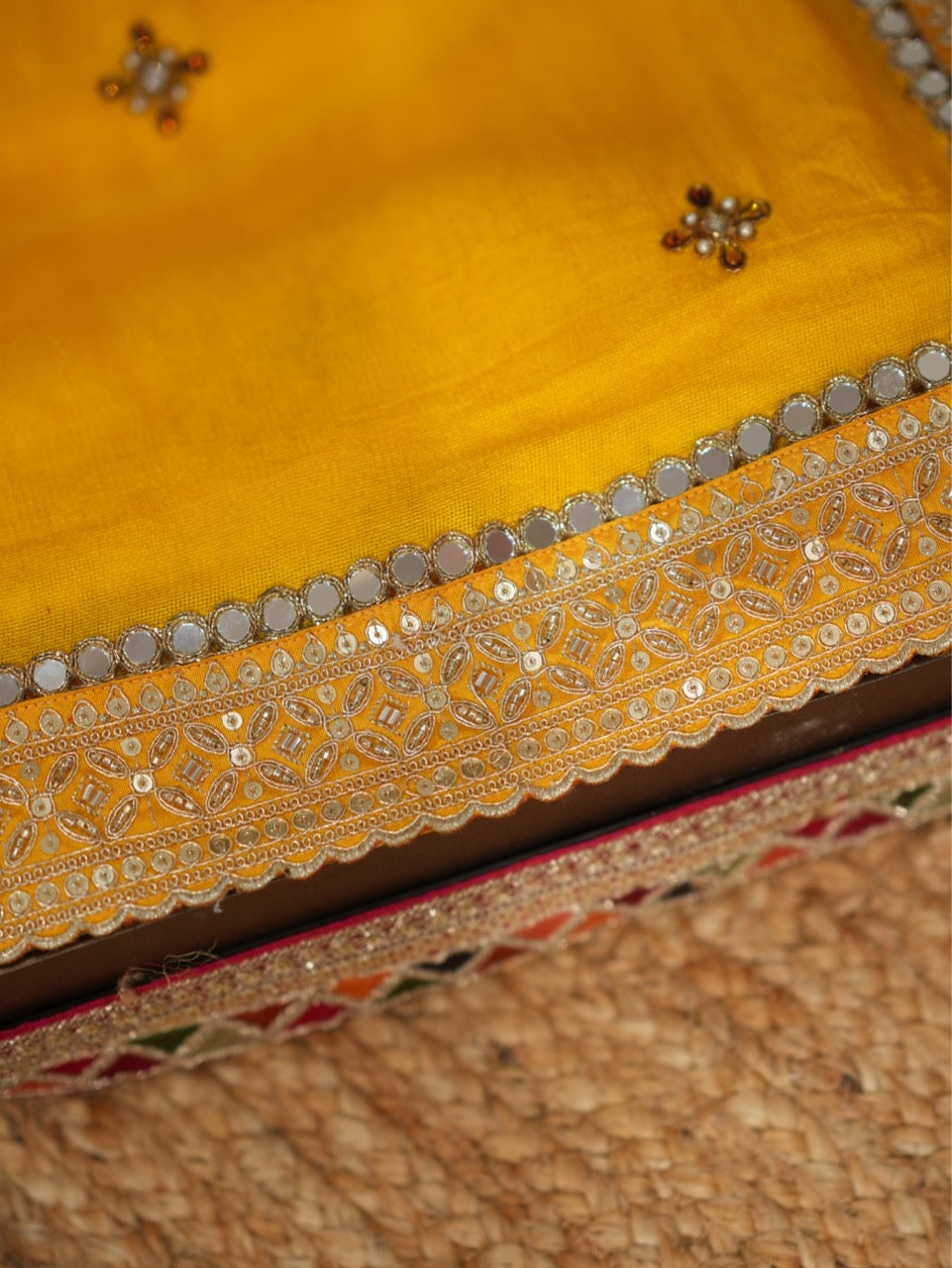 Haldi Kumkum: Yellow Jute Uppada saree with handwork and red jute uppada blouse