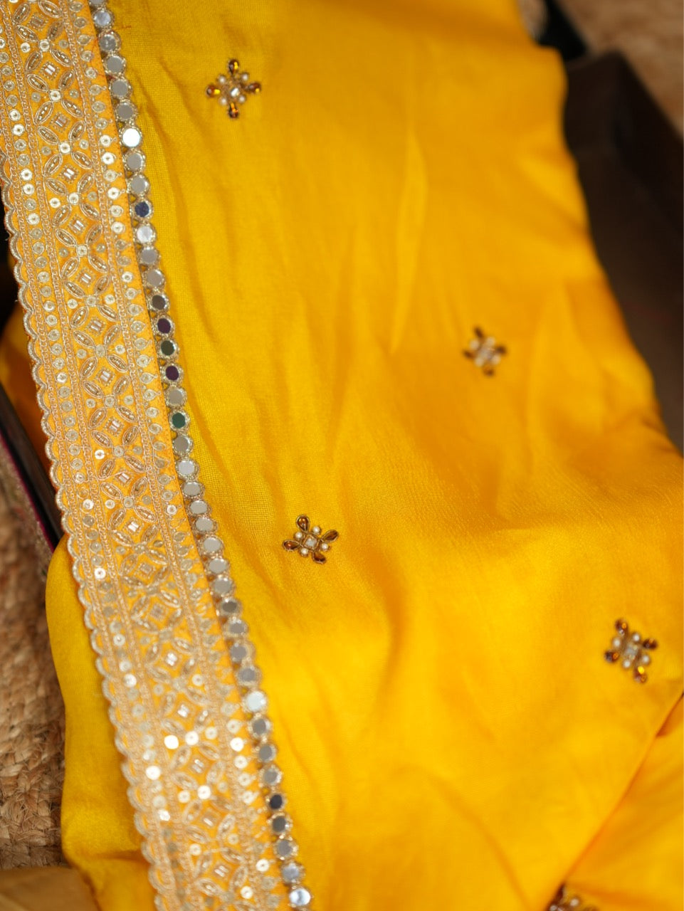 Haldi Kumkum: Yellow Jute Uppada saree with handwork and red jute uppada blouse