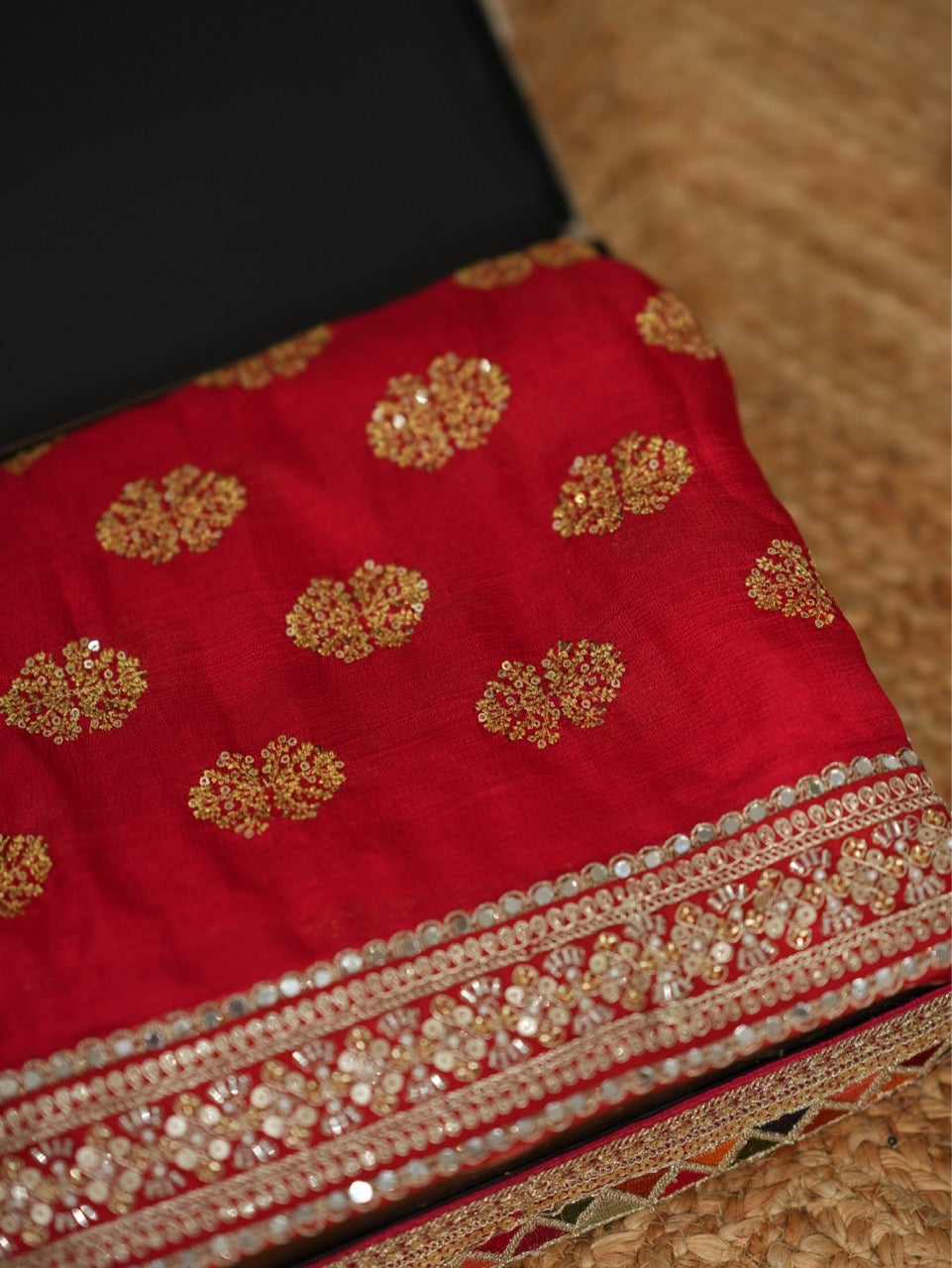 LAILA: Red Jute Uppada Saree with self blouse
