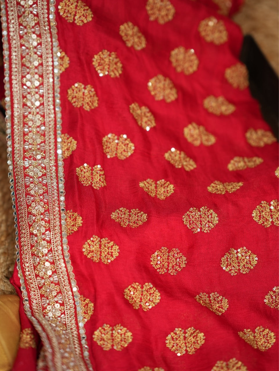 LAILA: Red Jute Uppada Saree with self blouse