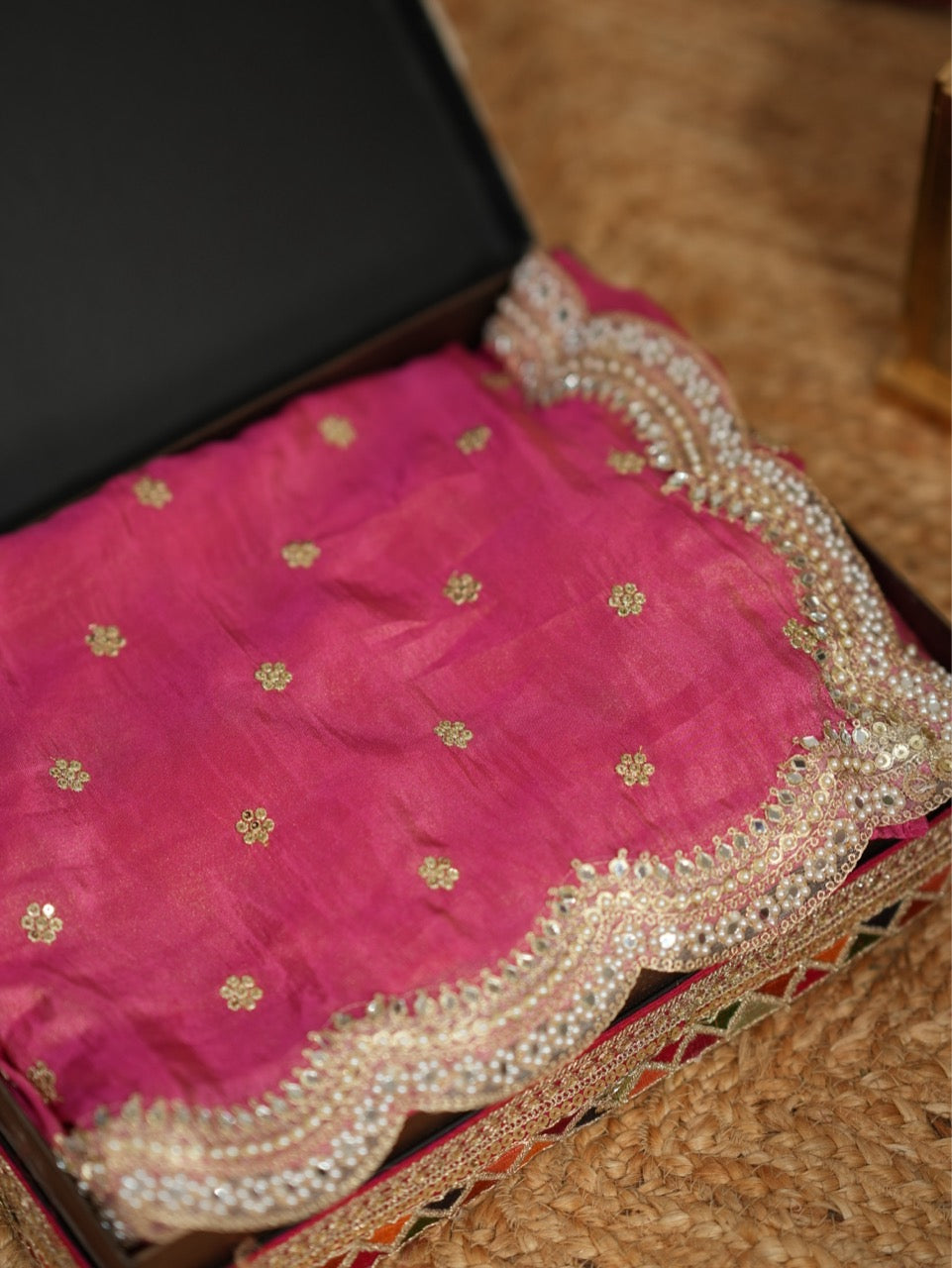 Katrina Pink: Pink Tissue Saree with heavy embroidered off white Raw Silk Blouse