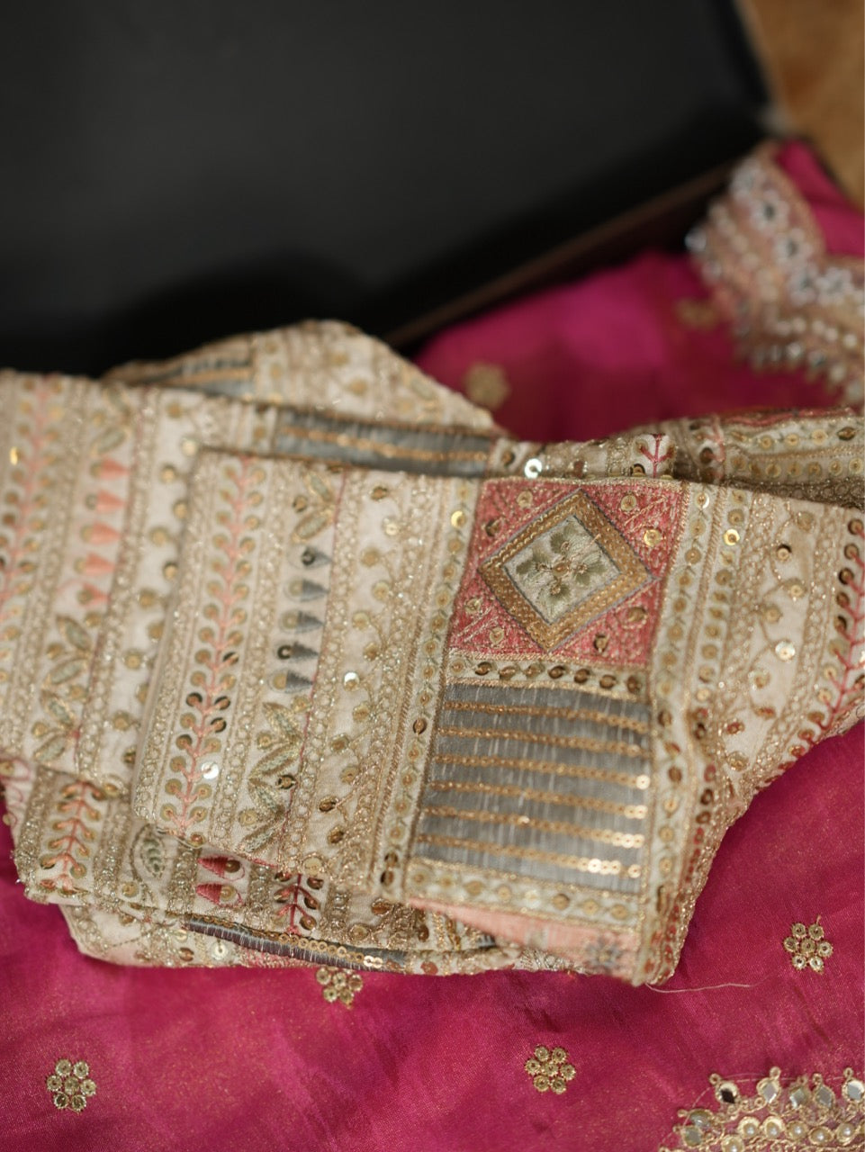 Katrina Pink: Pink Tissue Saree with heavy embroidered off white Raw Silk Blouse