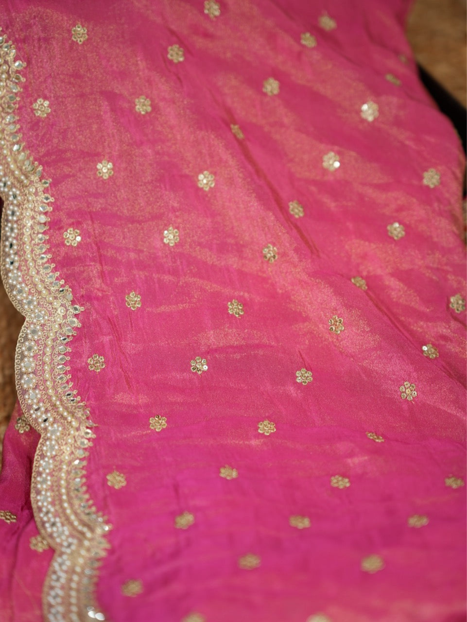 Katrina Pink: Pink Tissue Saree with heavy embroidered off white Raw Silk Blouse