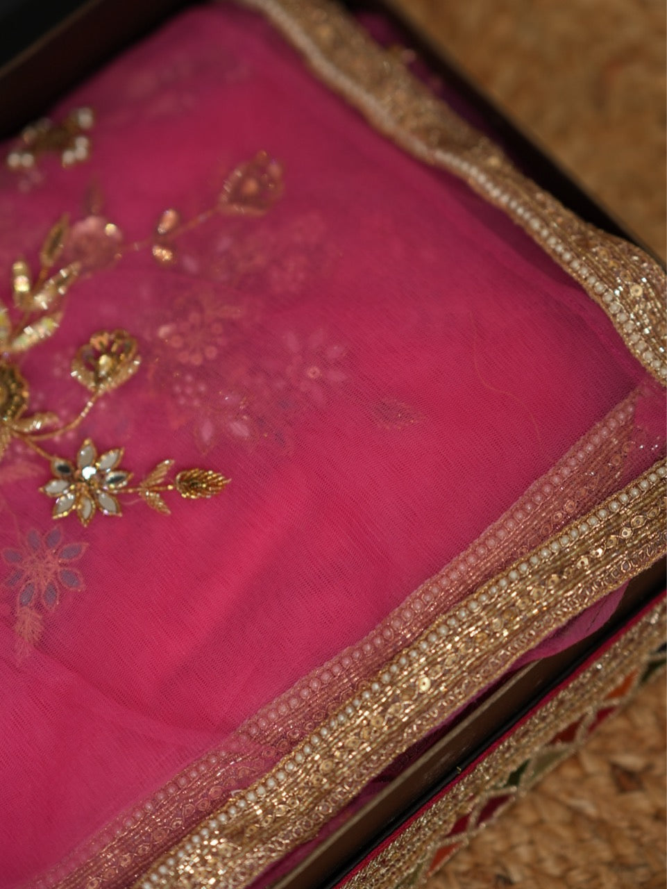 Firdaus: Pink Softnet Handwork Bridal/Bridesmaid Saree with Golden Shimmer Sequins Blouse
