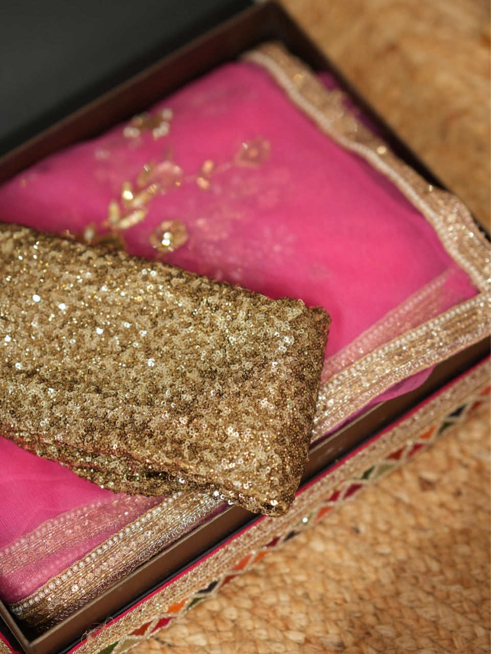 Firdaus: Pink Softnet Handwork Bridal/Bridesmaid Saree with Golden Shimmer Sequins Blouse