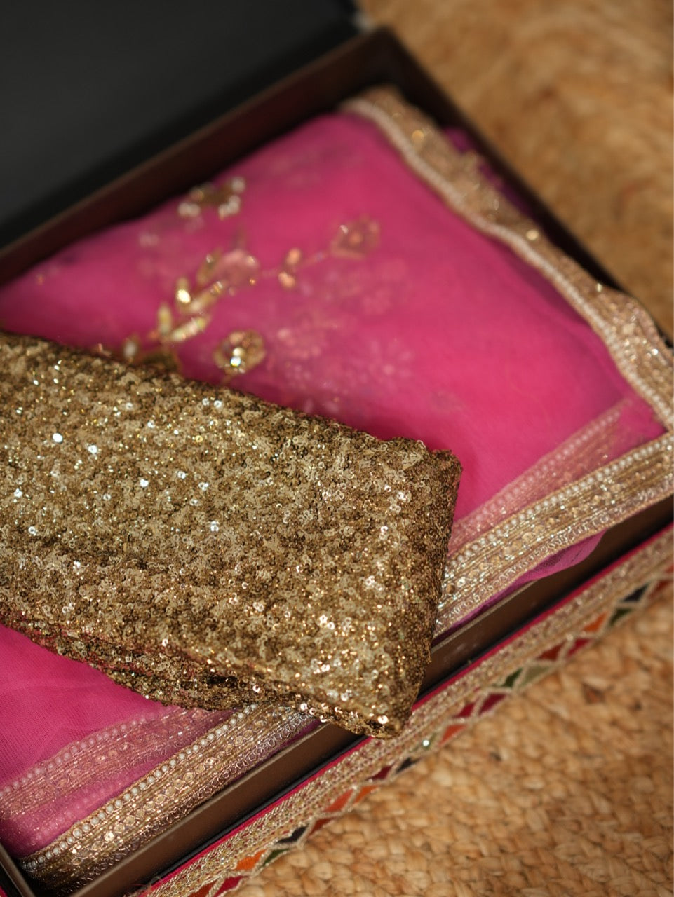 Firdaus: Pink Softnet Handwork Bridal/Bridesmaid Saree with Golden Shimmer Sequins Blouse