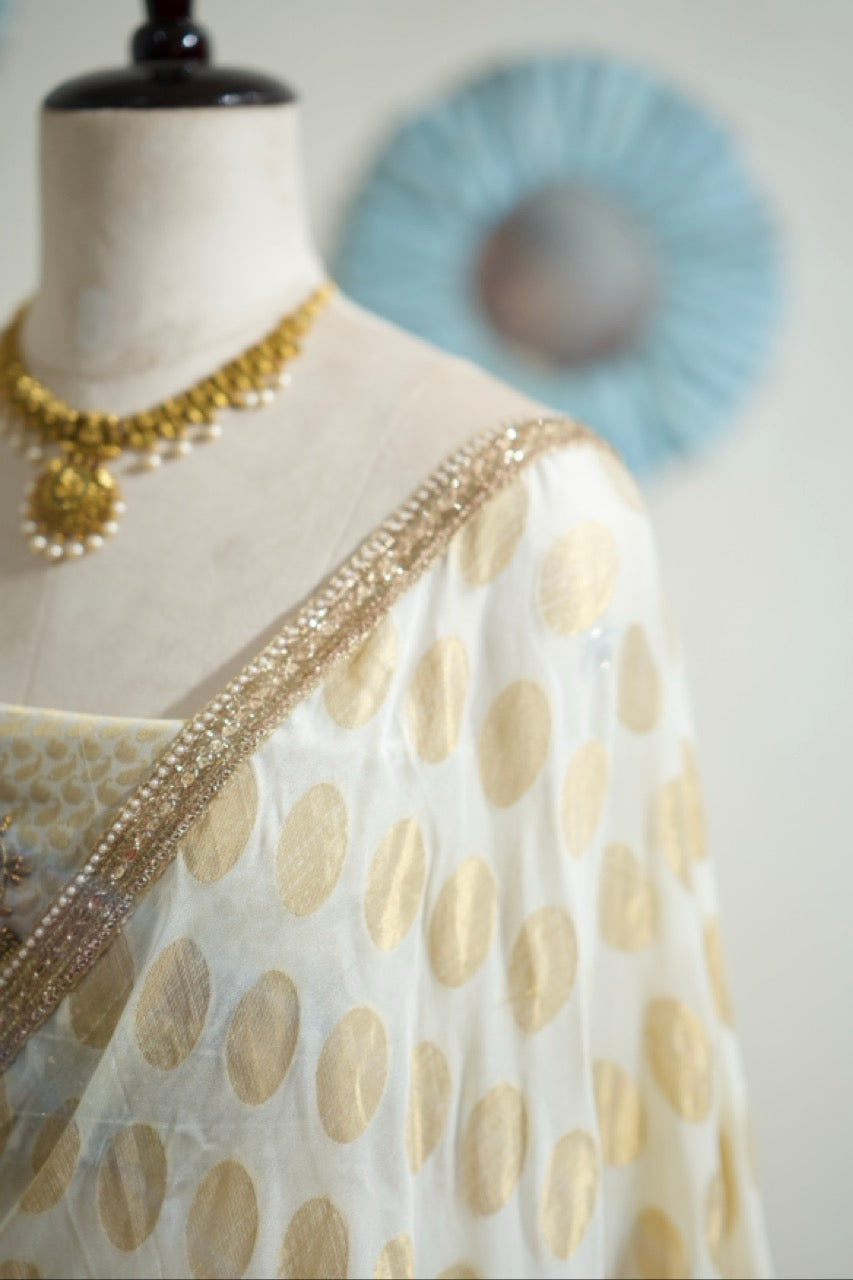 Chitra: Ivory Pure Silk Crepe Saree with Pure Silk Handwoven Brocade Blouse with Handwork