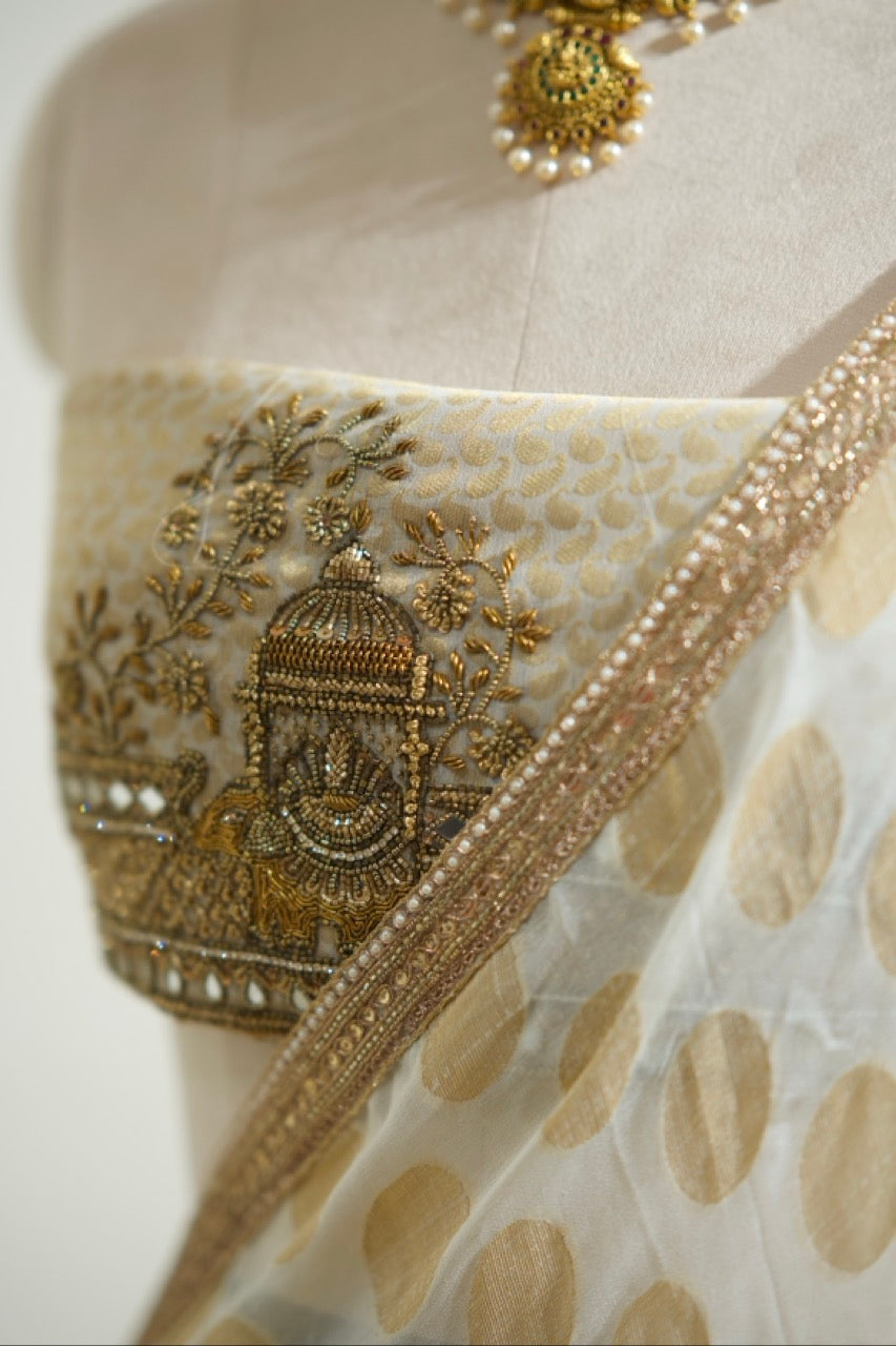Chitra: Ivory Pure Silk Crepe Saree with Pure Silk Handwoven Brocade Blouse with Handwork