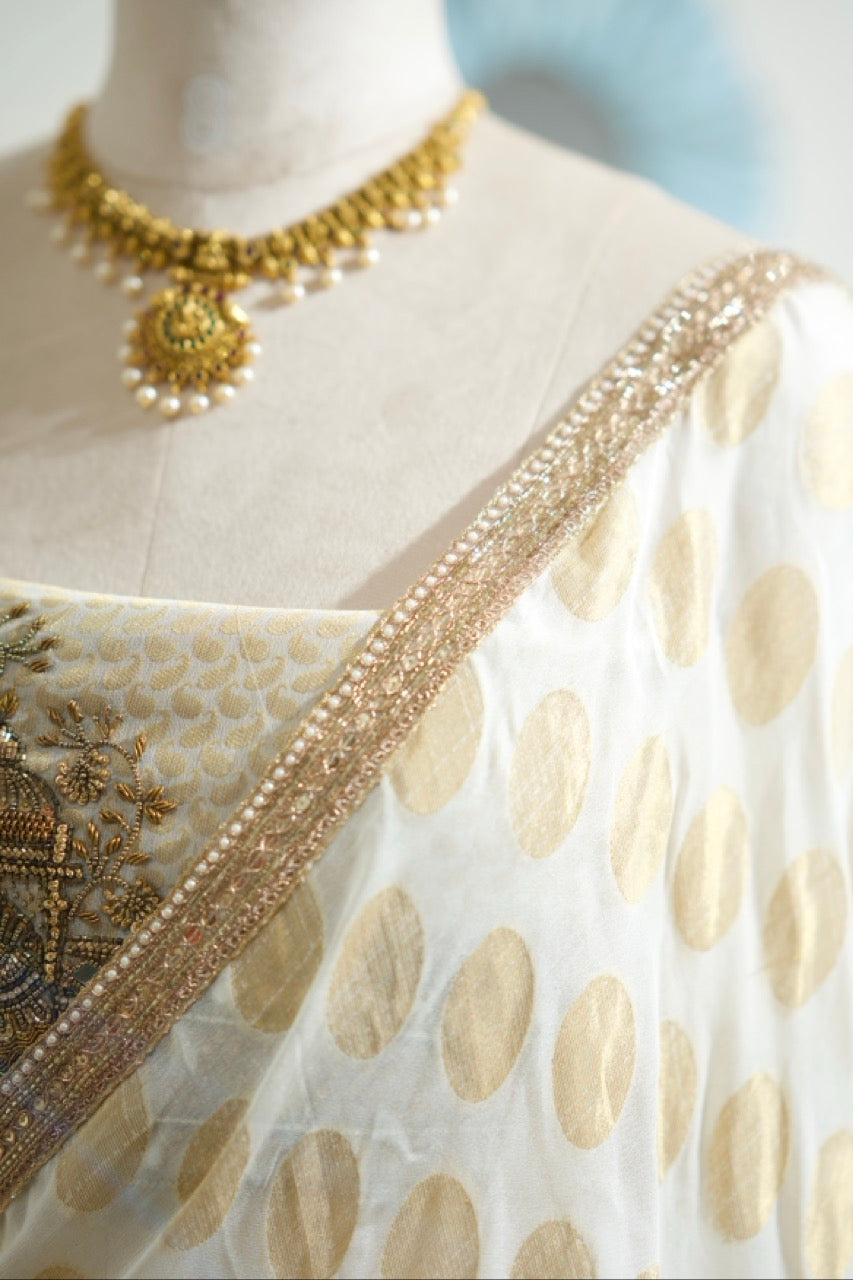 Chitra: Ivory Pure Silk Crepe Saree with Pure Silk Handwoven Brocade Blouse with Handwork