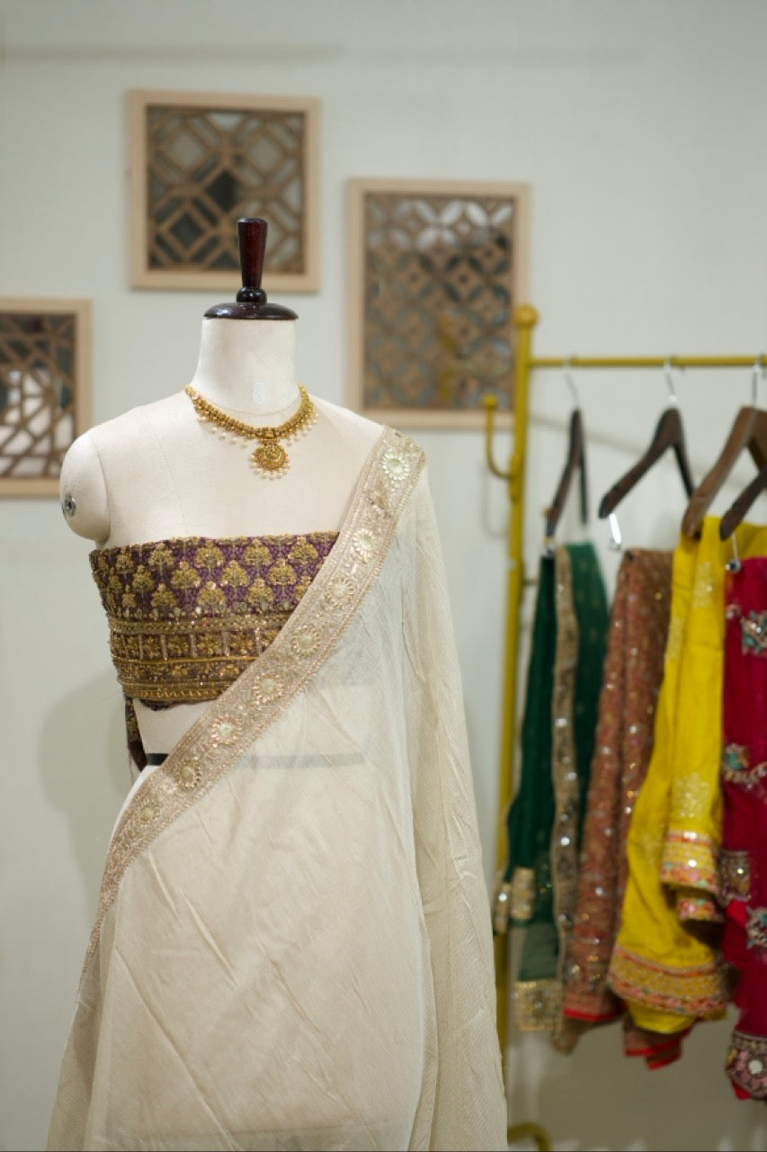 Orchid: Pure Off White Tissue Chiffon Saree with Purple Handwoven Blouse with Handwork