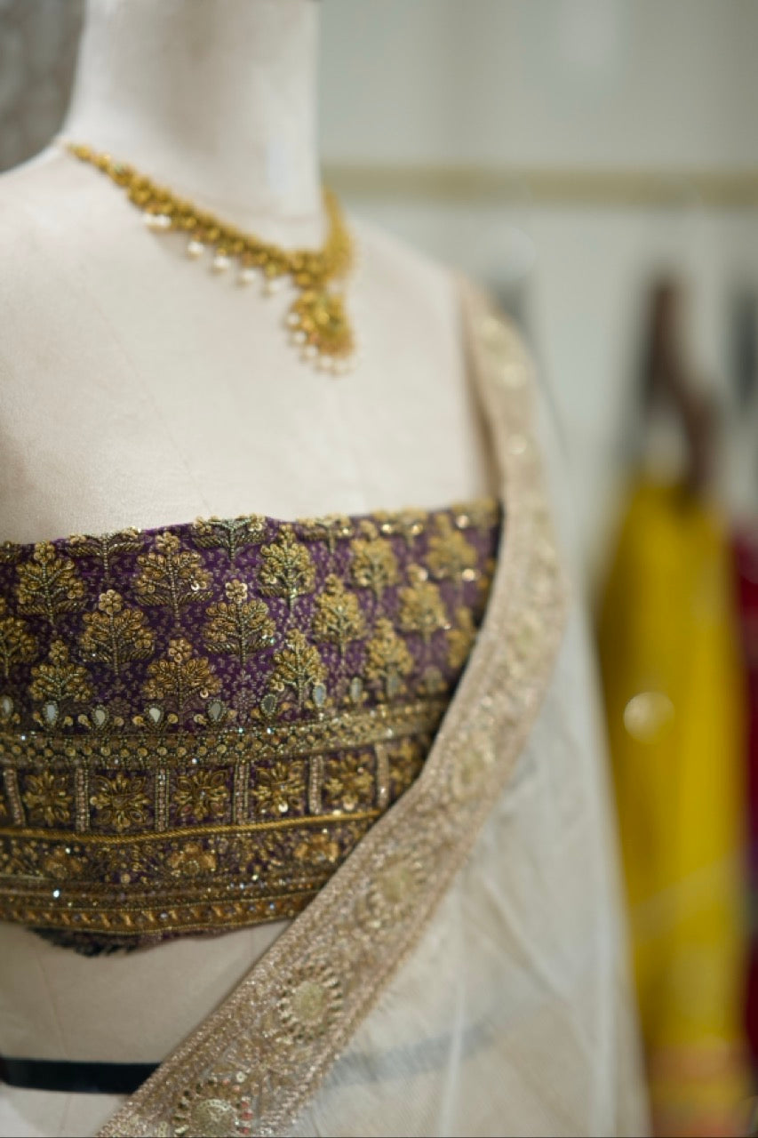 Orchid: Pure Off White Tissue Chiffon Saree with Purple Handwoven Blouse with Handwork