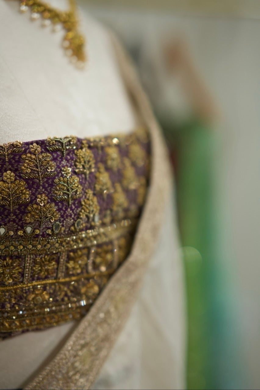 Orchid: Pure Off White Tissue Chiffon Saree with Purple Handwoven Blouse with Handwork