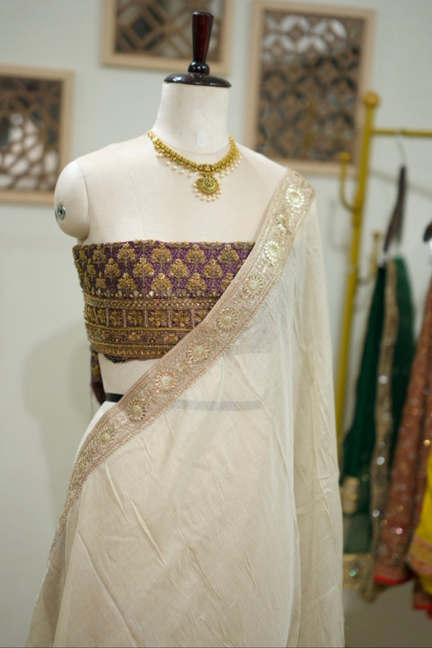 Orchid: Pure Off White Tissue Chiffon Saree with Purple Handwoven Blouse with Handwork