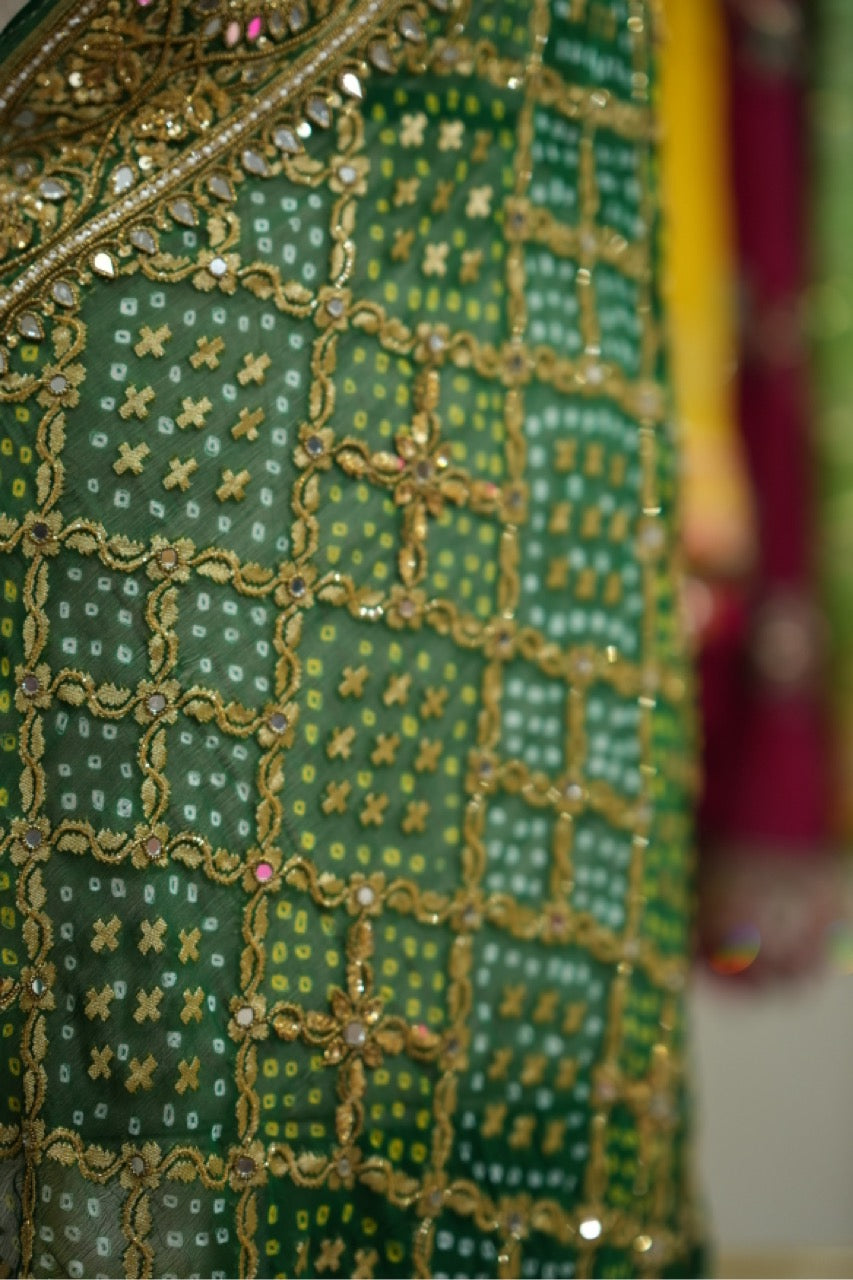 Akanksha : Green Pure Silk Handwoven Bandhani with handwork and Self Blouse with Handwork