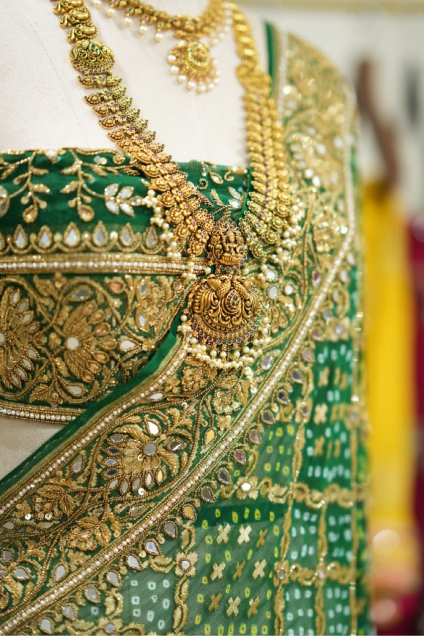 Akanksha : Green Pure Silk Handwoven Bandhani with handwork and Self Blouse with Handwork