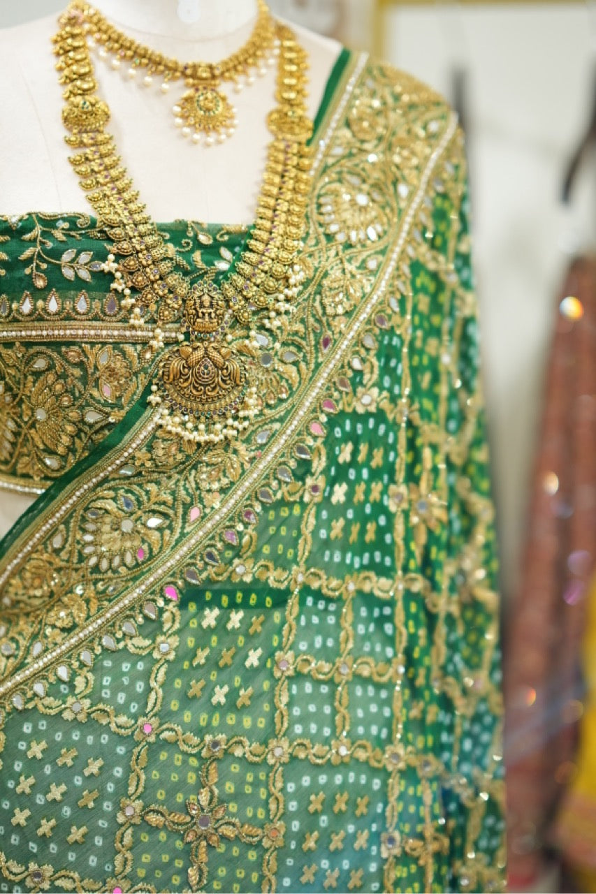 Akanksha : Green Pure Silk Handwoven Bandhani with handwork and Self Blouse with Handwork