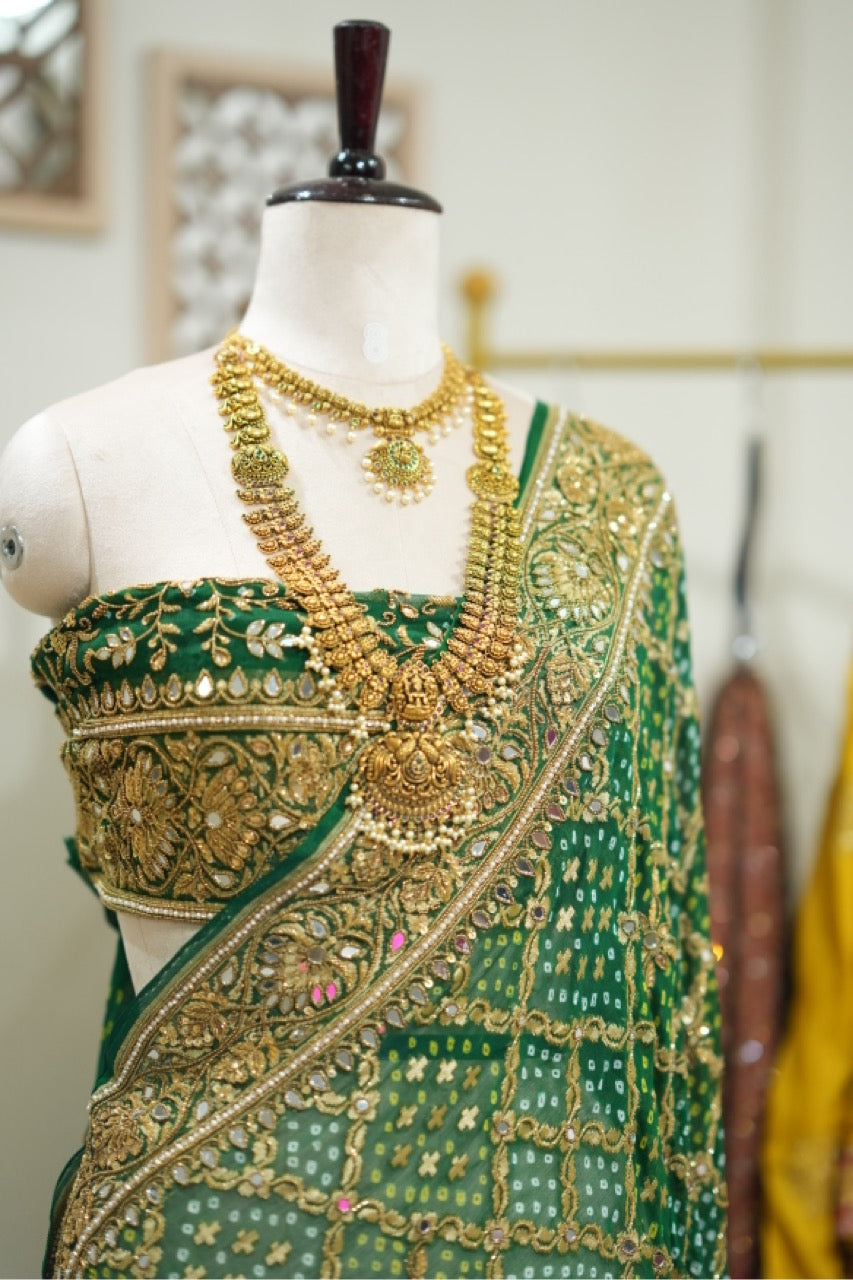 Akanksha : Green Pure Silk Handwoven Bandhani with handwork and Self Blouse with Handwork