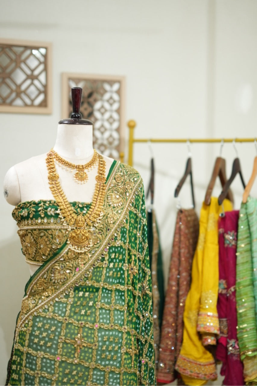 Akanksha : Green Pure Silk Handwoven Bandhani with handwork and Self Blouse with Handwork