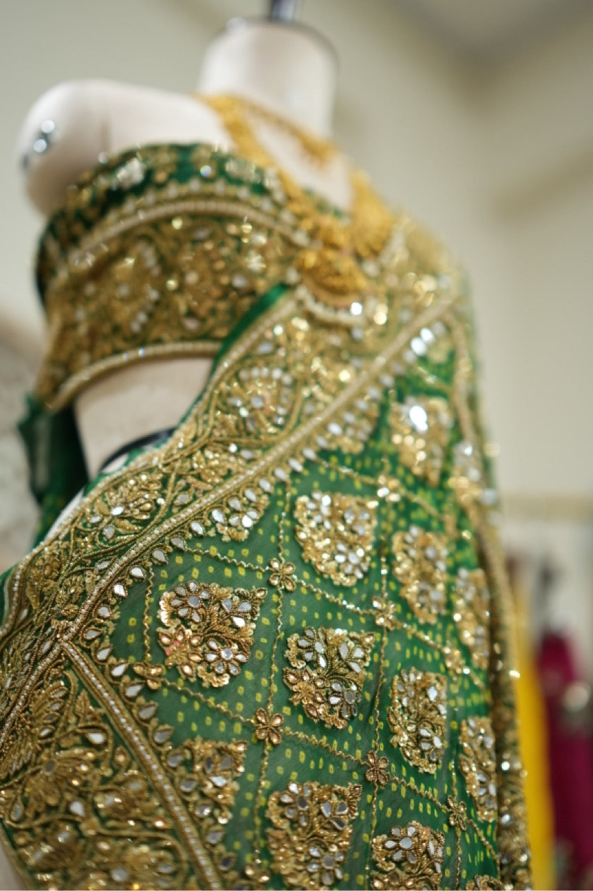 Akanksha : Green Pure Silk Handwoven Bandhani with handwork and Self Blouse with Handwork