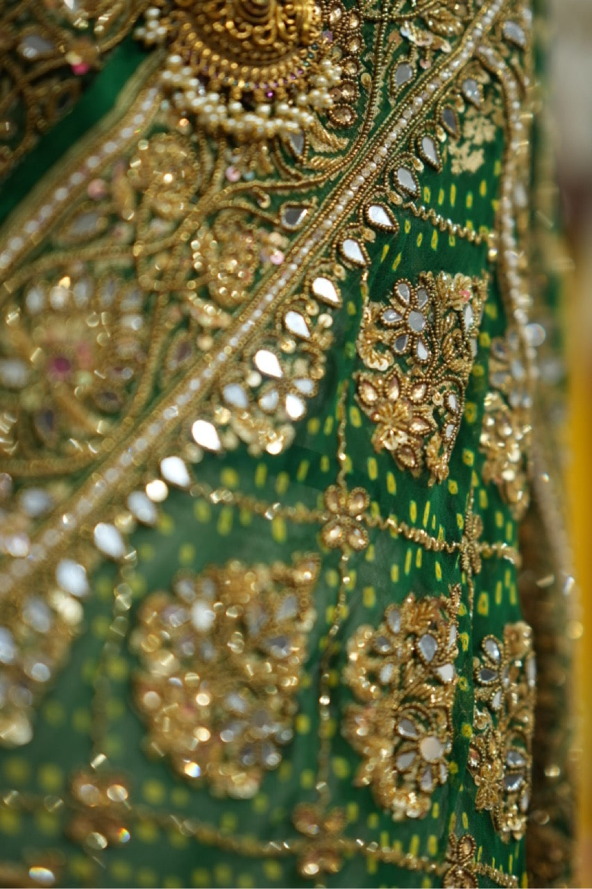 Akanksha : Green Pure Silk Handwoven Bandhani with handwork and Self Blouse with Handwork