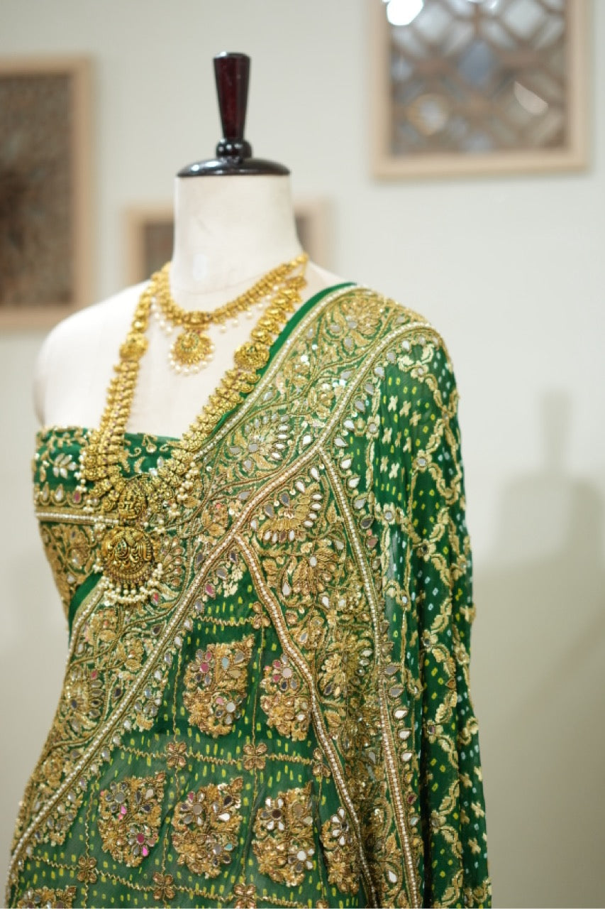 Akanksha : Green Pure Silk Handwoven Bandhani with handwork and Self Blouse with Handwork