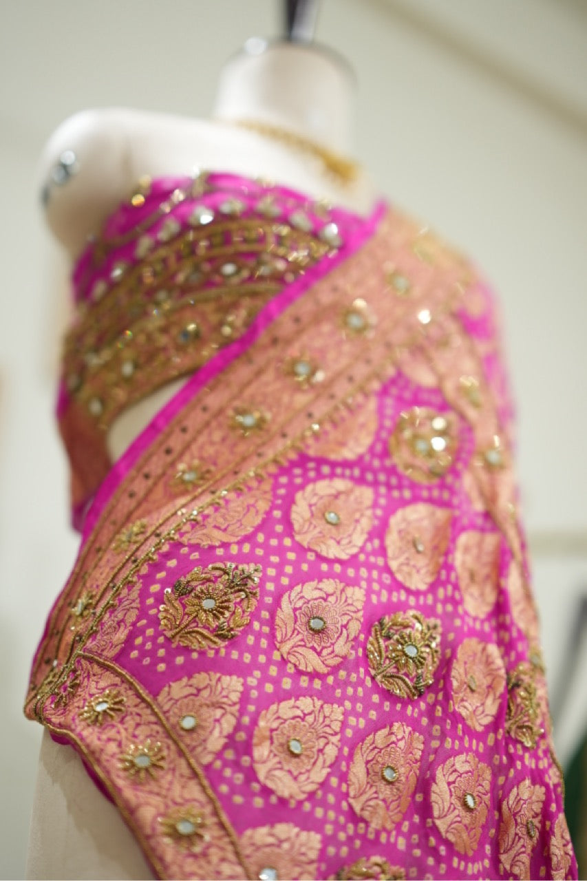 Priyadarshini: Pure Silk Pink Handwoven Bandhni Saree with Handwork and Self Blouse