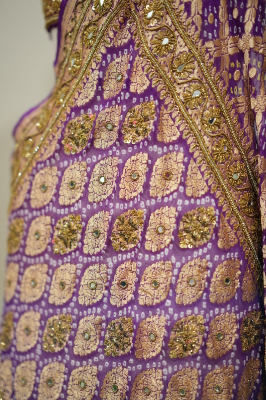 Mehak: Pure Silk Purple Handwoven Bandhni Saree with Handwork and Self Blouse