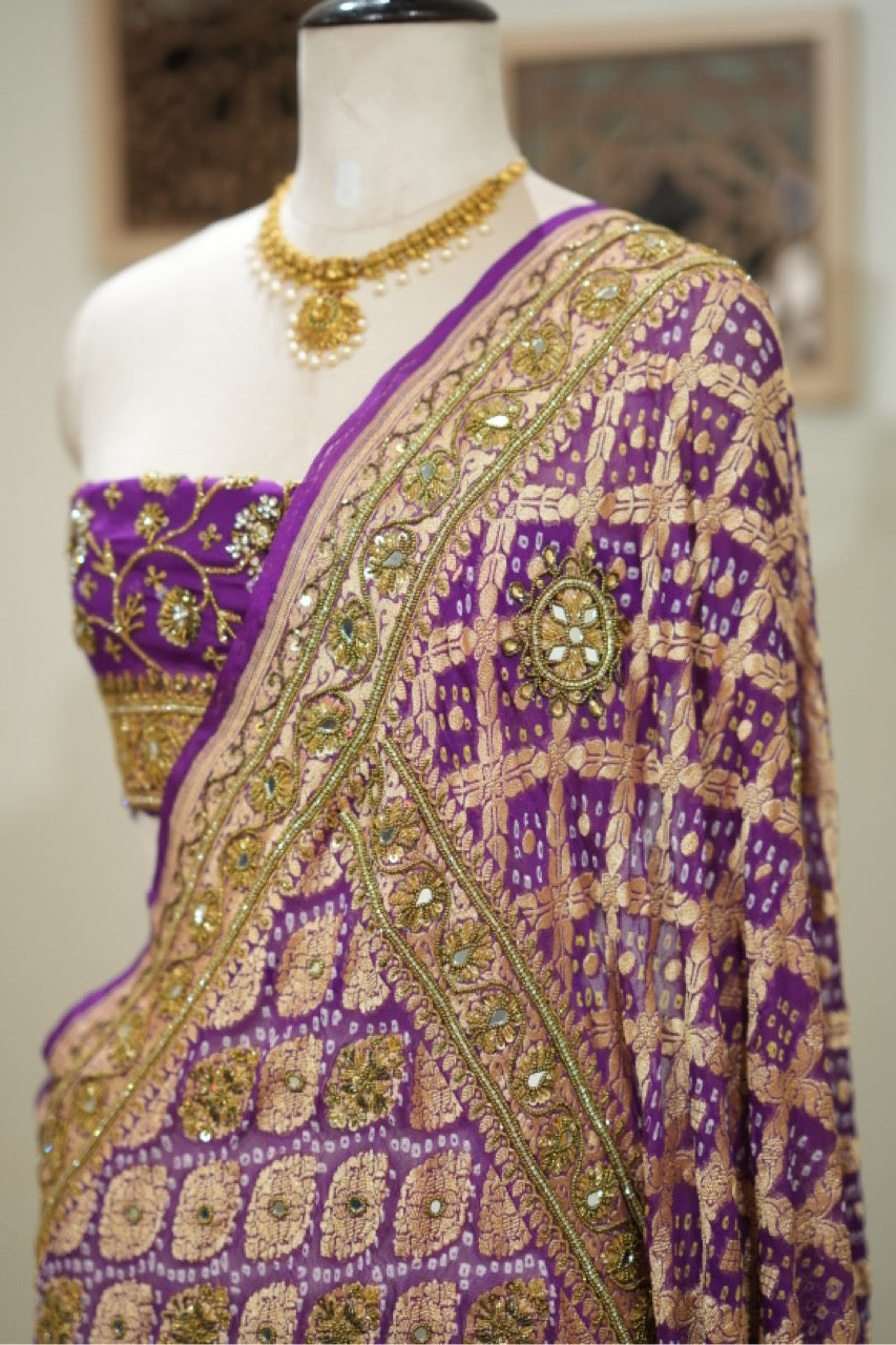 Mehak: Pure Silk Purple Handwoven Bandhni Saree with Handwork and Self Blouse