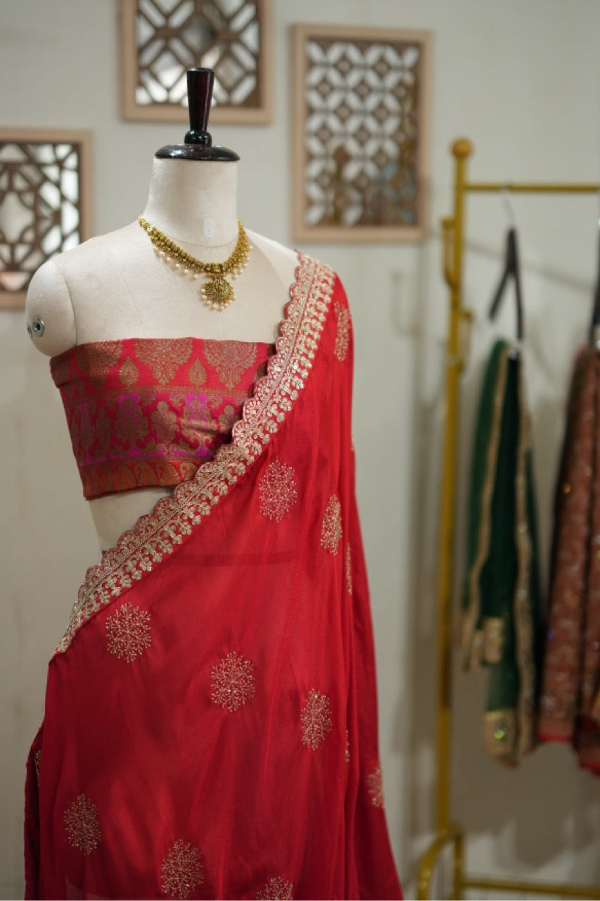 Blooming Love: Red Uppada Designer Saree with multicolour brocade blouse