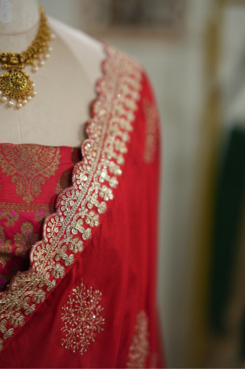 Blooming Love: Red Uppada Designer Saree with multicolour brocade blouse