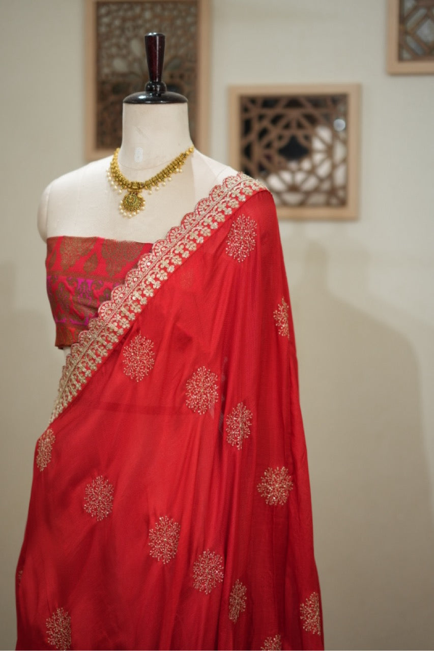 Blooming Love: Red Uppada Designer Saree with multicolour brocade blouse
