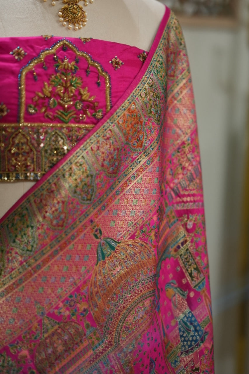 Koshur Gulab: Pink Pashmina Saree with Handwork on Blouse