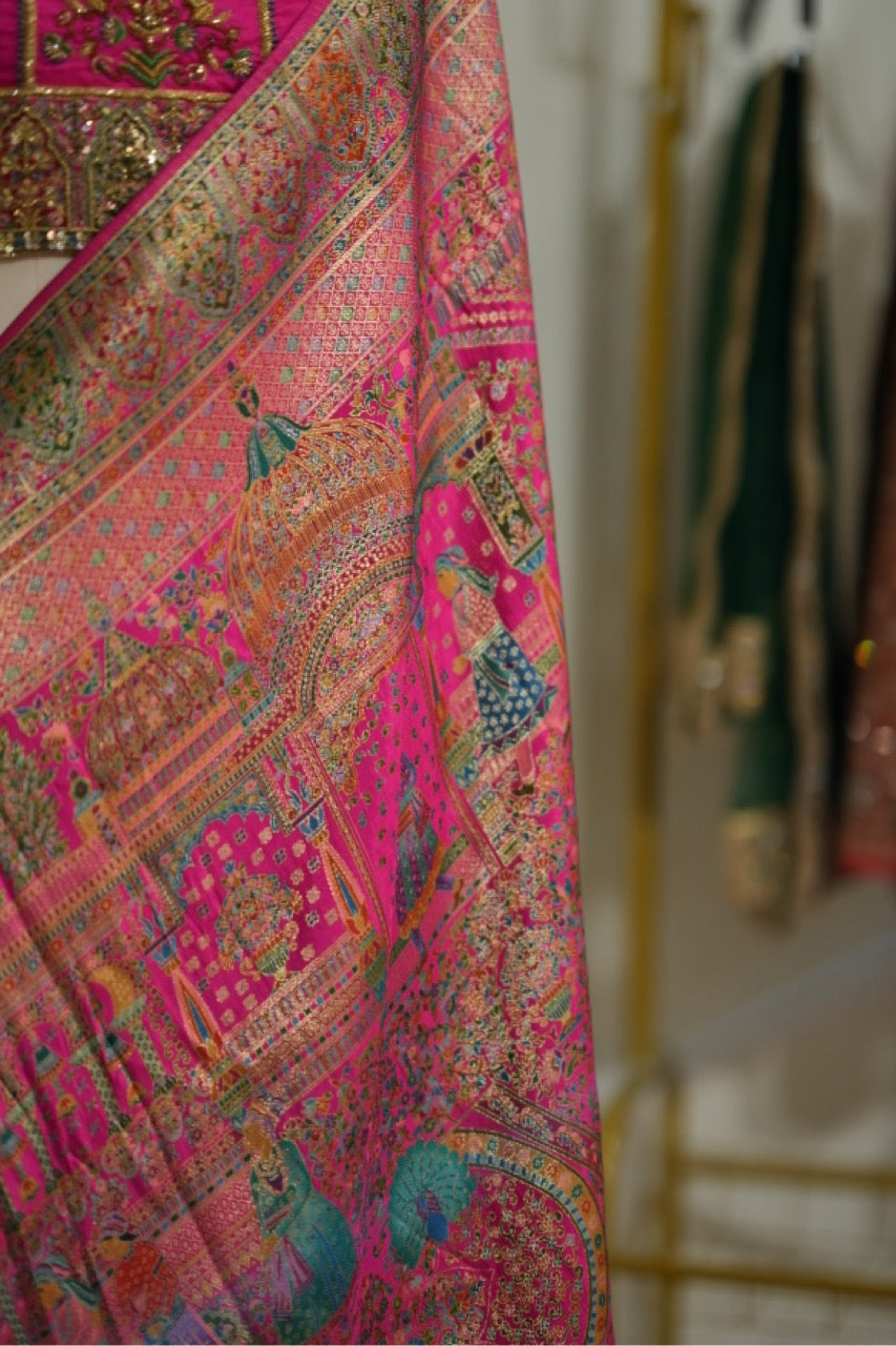 Koshur Gulab: Pink Pashmina Saree with Handwork on Blouse