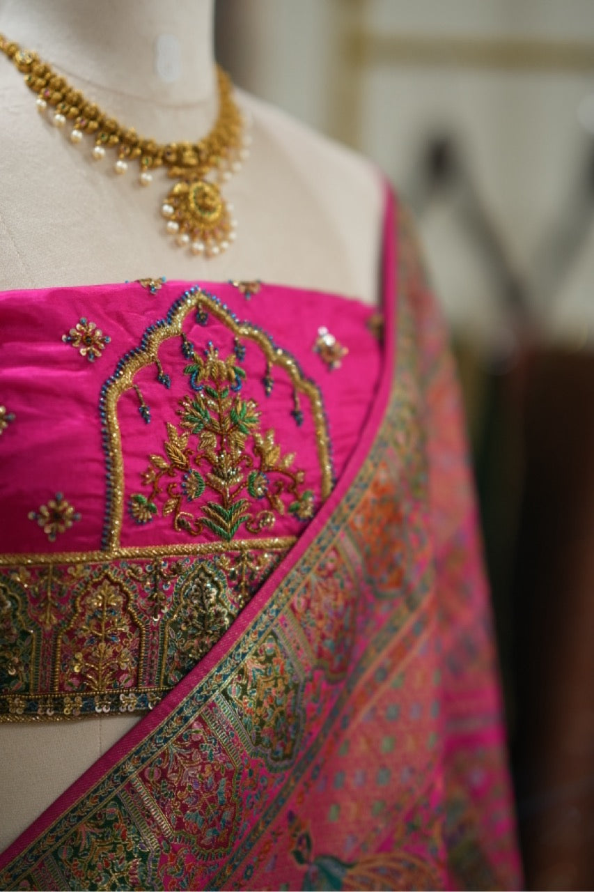 Koshur Gulab: Pink Pashmina Saree with Handwork on Blouse