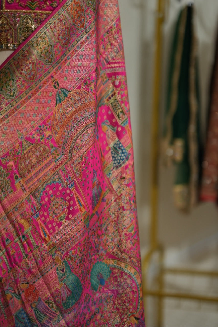 Koshur Gulab: Pink Pashmina Saree with Handwork on Blouse