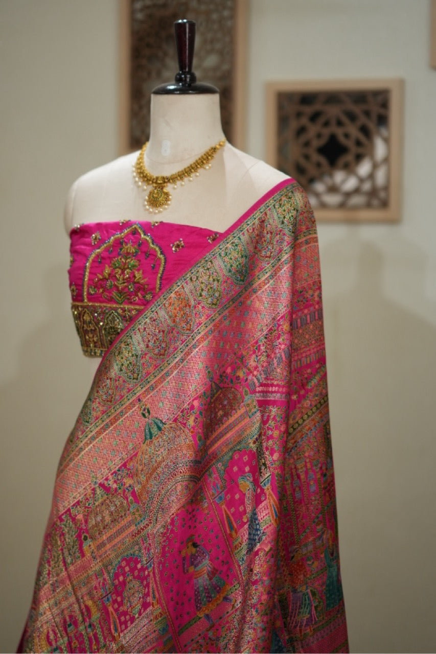Koshur Gulab: Pink Pashmina Saree with Handwork on Blouse