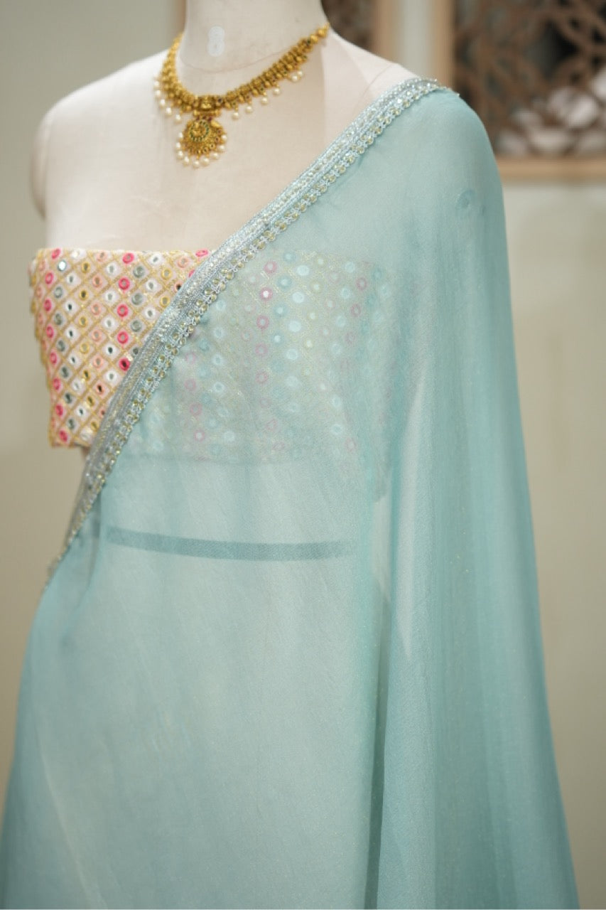 Ice Candy: Shimmer jute saree with mirror work georgette blouse