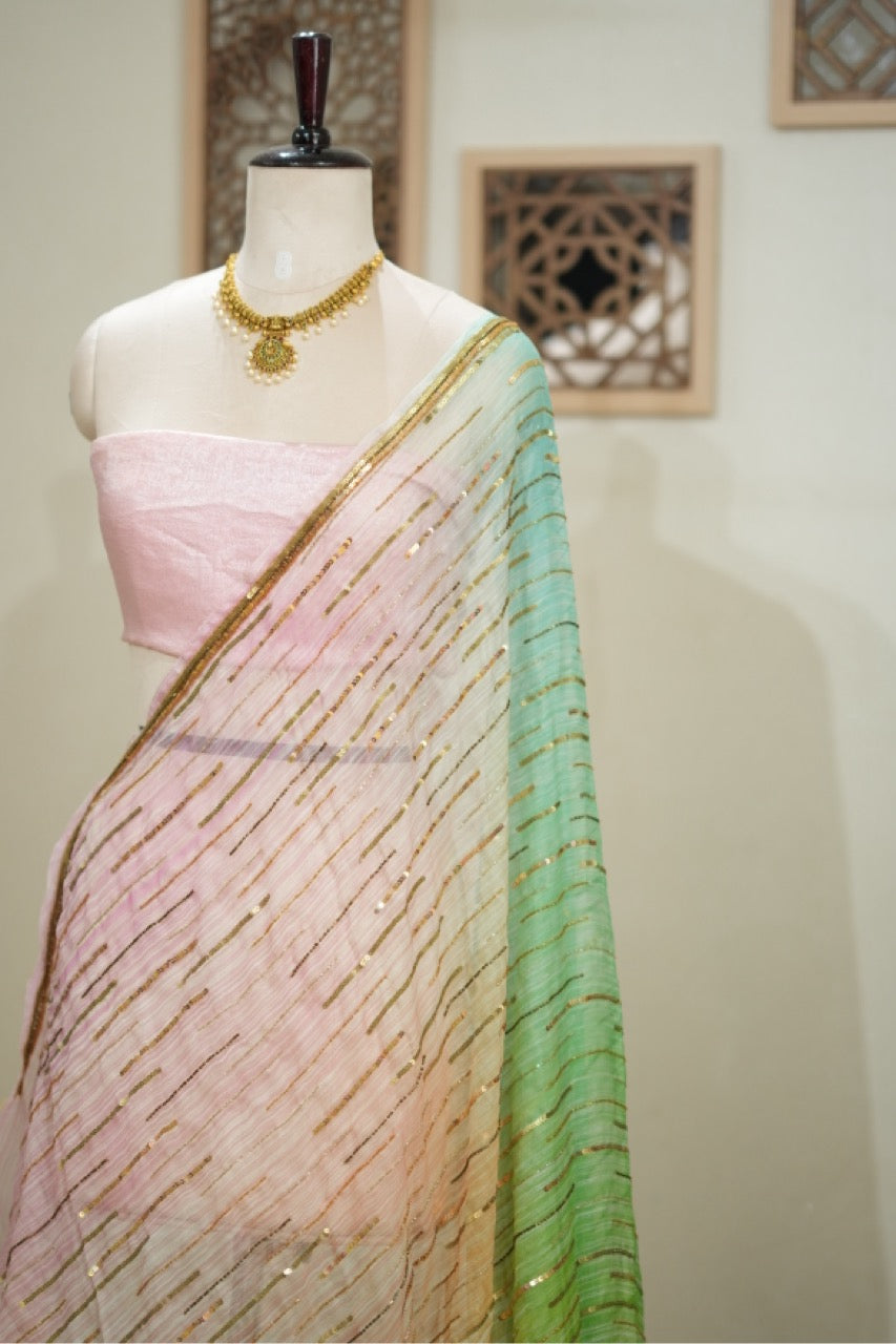 Popsicle: Pure Silk Ombre Organza Saree with Luxury Handwork | Pink Premium Imported Satin Blouse